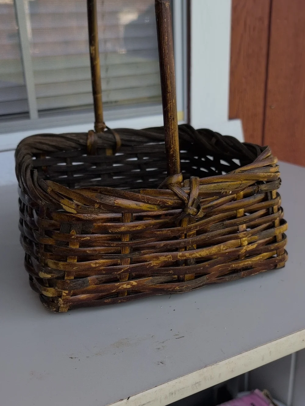 Rare! Vtg.Philippines Woven Bamboo  Square Willow Basket with Handle(226)